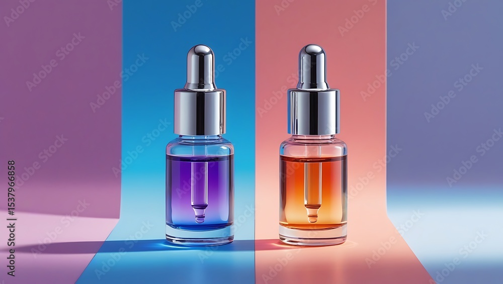 Naklejka premium Two Glass Dropper Bottles with Colorful Liquids on a Geometric Background