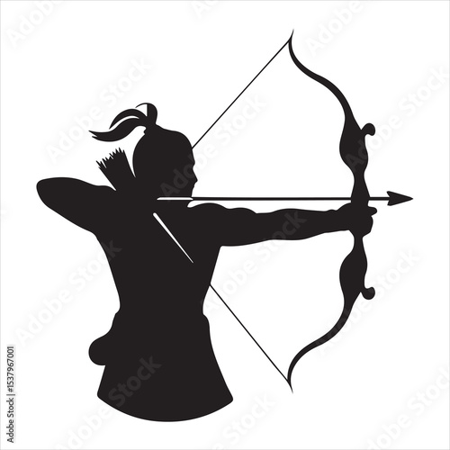 Ancient Archer Silhouette Vector Drawing with Bow and Arrow