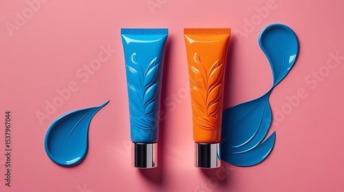 Vibrant Cosmetic Tubes with Leaf Design and Blue Cream Swirls on Pink
