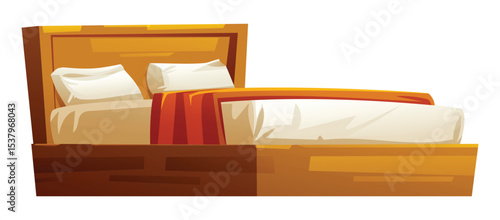 Wooden bed with a white mattress, orange blanket, and pillows for a cozy bedroom. Vector cartoon illustration