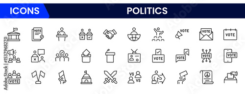 Bold vector web line icons depicting politics, elections, governance, campaigns, and civic engagement for democratic processes and leadership.