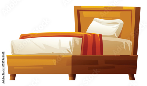 Modern wooden bed with a white mattress, orange blanket, and white pillow for a minimalist room. Vector cartoon illustration