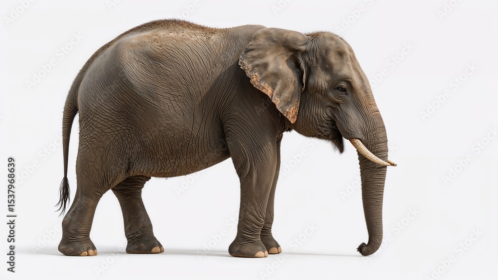 Obraz premium A large Asian elephant stands against a plain white background, its tusks visible, showcasing its size and powerful presence.