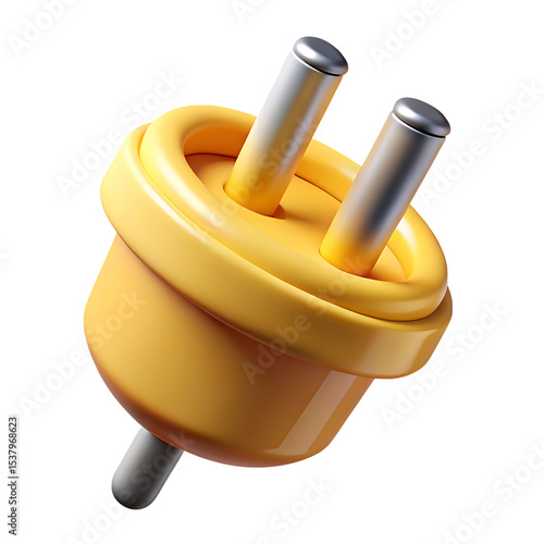 3d render of a yellow power plug with silver prongs on a solid black background