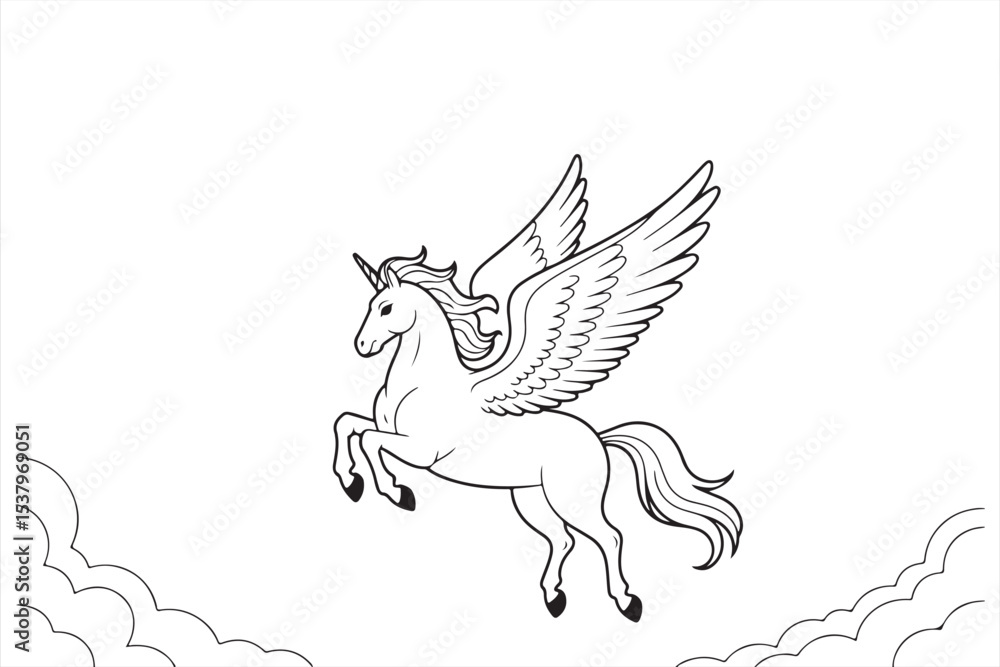 Obraz premium Elegant flying Pegasus line art – mythical winged horse in sky and cloud scene