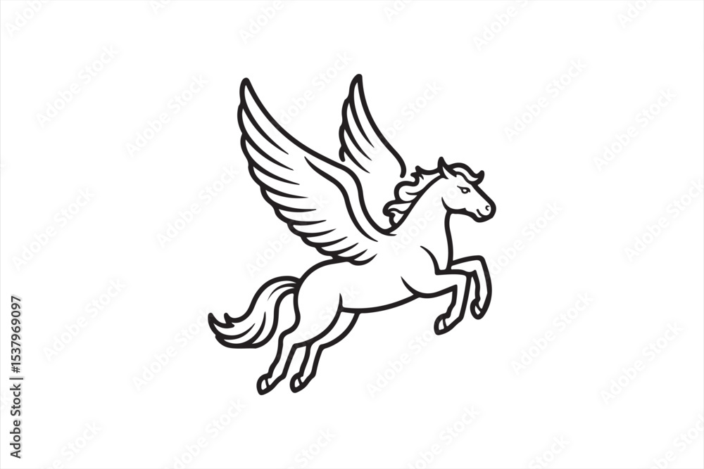 Fototapeta premium Graceful Pegasus in flight – black and white line art of winged horse above clouds