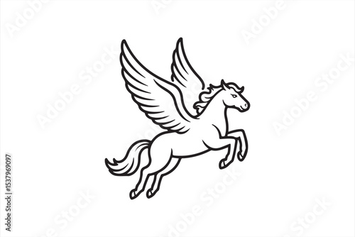 Graceful Pegasus in flight – black and white line art of winged horse above clouds