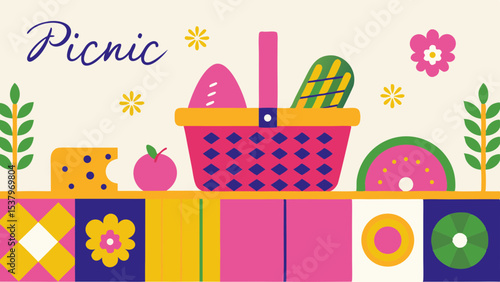 Illustration of a picnic basket with food items and floral decorations on a colorful patterned surface