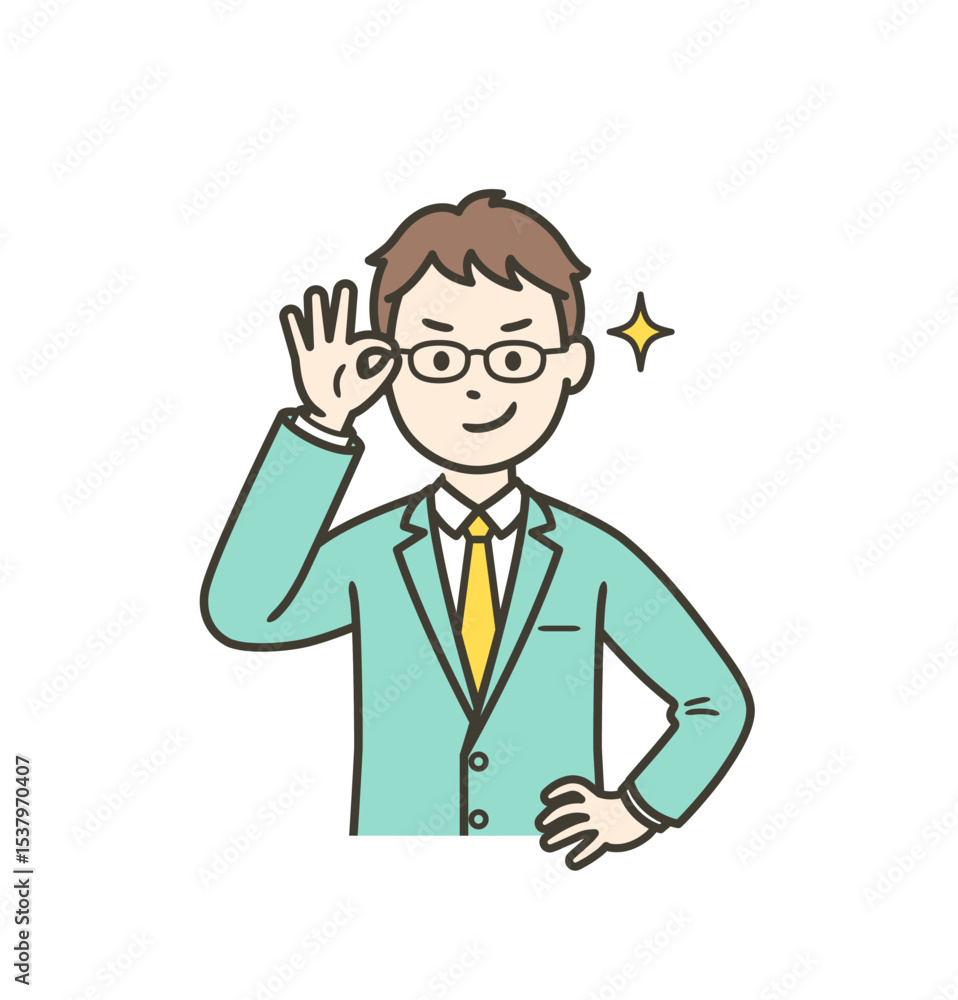 眼鏡を上げてニヤリと笑い自信を見せる学生男子 眼鏡を上げてニヤリと笑い自信を見せる学生男子