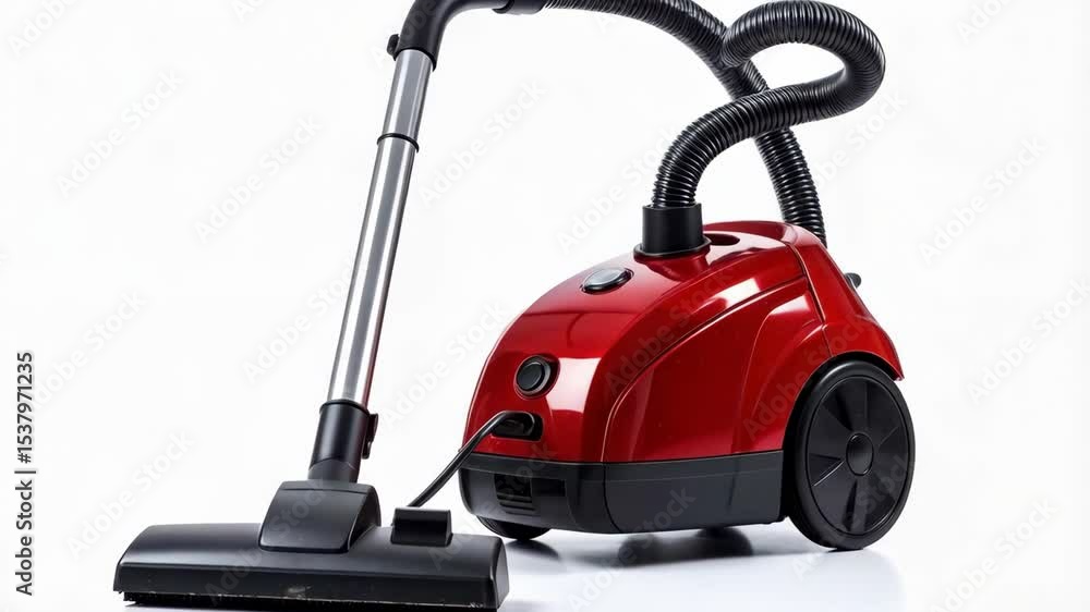 Shiny red canister vacuum cleaner appliance with black hose and chrome handle on a seamless white background Shiny red canister vacuum cleaner appliance with black hose and chrome handle on a seamless white background