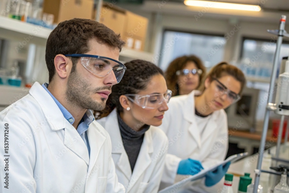 Obraz premium A group of scientists wearing lab coats and goggles are looking at a machine