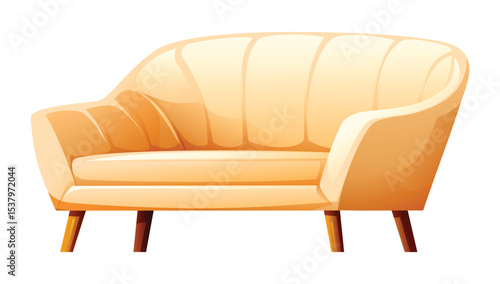 Elegant beige curved sofa with wooden legs, ideal for a luxurious and stylish living space. Vector cartoon illustration