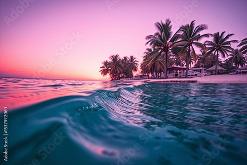Fototapeta Naklejka Na Ścianę i Meble -  A low-angle close-up shot of tranquil ocean waves lapping a tropical beach at sunrise, vibrant complementary colors, soft light illuminating palm trees, emphasizing the idyllic summer