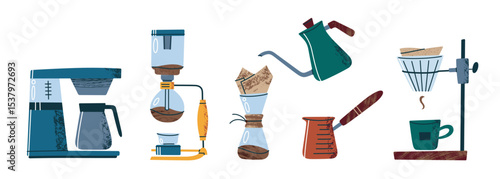Vector illustration set of coffee brewing methods in flat cartoon style. Home and cafe equipment collection for barista tools, manual coffee making, hot drink preparation, barista kitchen design icons