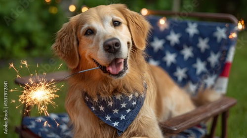 Golden Retriever Wearing Patriotic Bandana Holds Sparkler Celebrating Holiday