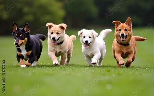 Group of dogs running over the lawn. High quality