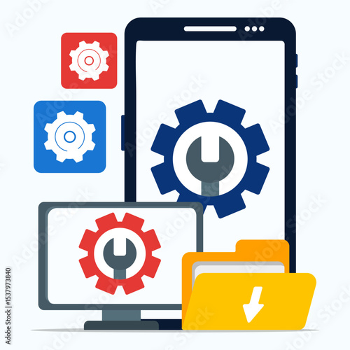 System software is under maintenance on computer and smartphone.