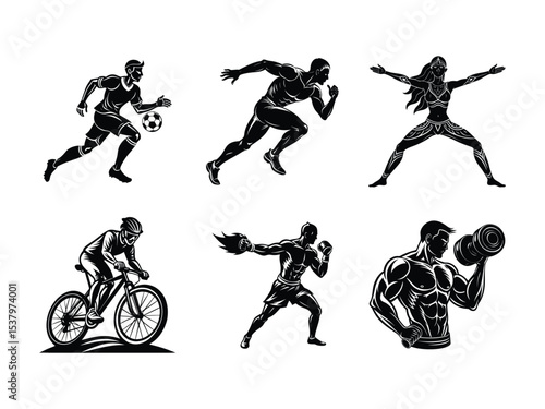 Six Black Silhouettes of Athletes Engaging in Various Sports Soccer Running Yoga Cycling Boxing Weightlifting