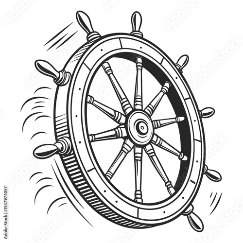 Vintage Maritime Wheel Illustration in Black and White Style