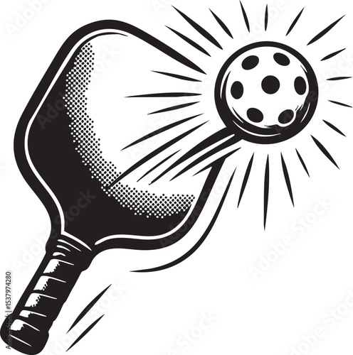 Monochrome Pickleball Paddle Hitting Ball with Speed Lines Illustration on White Background black