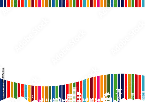 SDGsをイメージした17色のフレーム　ストライプ　街並みのシルエット