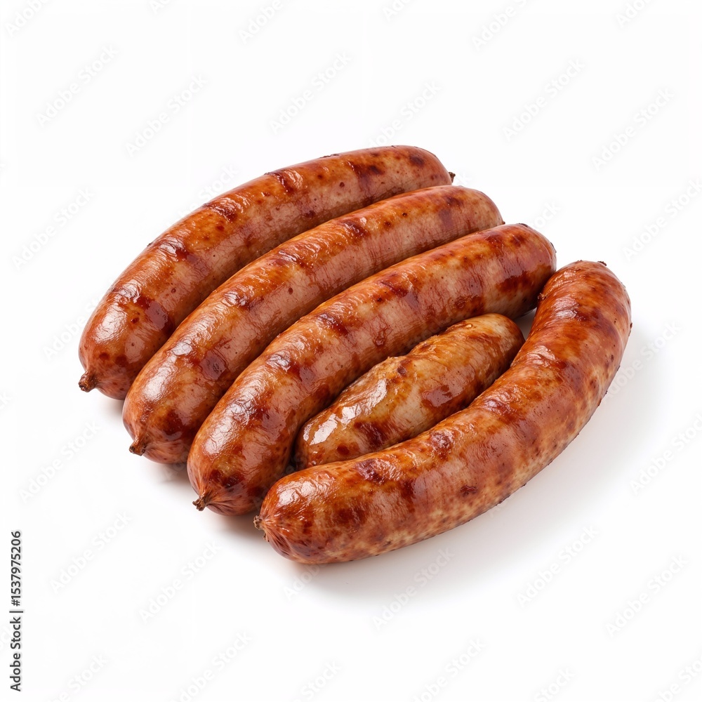 Arrangement of grilled sausages on a white background Arrangement of grilled sausages on a white background