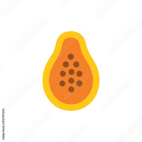 A vibrant, stylized illustration of a halved papaya fruit, showcasing its orange flesh and dark seeds.