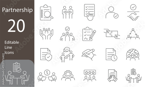 Partnership Editable Line Icons Set. business icons, agreement, documentation, conversation, and more. Vector illustration