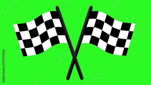 Animated crossed checkered flags on green screen background in horizontal format.