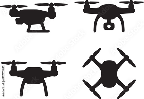 Drone silhouette icons set side, front, back, and top views vector art illustration