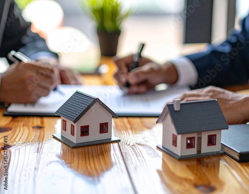 Real estate agents and clients finalize a property transaction, signing documents at a wooden desk with miniature house models.