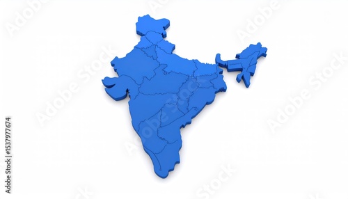 Three-Dimensional Blue Map of India: States, Simple, Clean Design