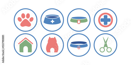 Colorful Pet Icons Illustration Includes Dog Paw Food Bowl Collar Medical Symbol Home Grooming Cat Veterinary