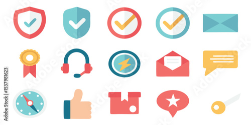 Business Success Elements Vector Icons Set for Company Growth Protection Support Service Logistics Quality