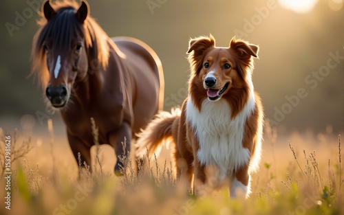 Red border collie dog and horse. High quality