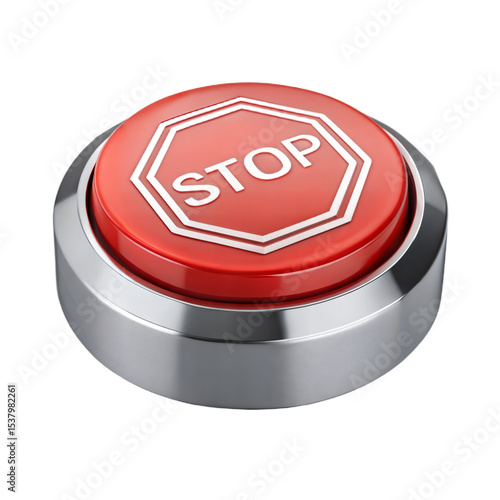 3D Stop Button Icon in Metallic Material Style on White Background