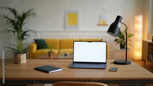 Wallpaper Mural Serene Home Office Setup: A sleek laptop with a bright screen sits on a modern desk, complemented by a minimalist lamp and a cozy notepad. Torontodigital.ca