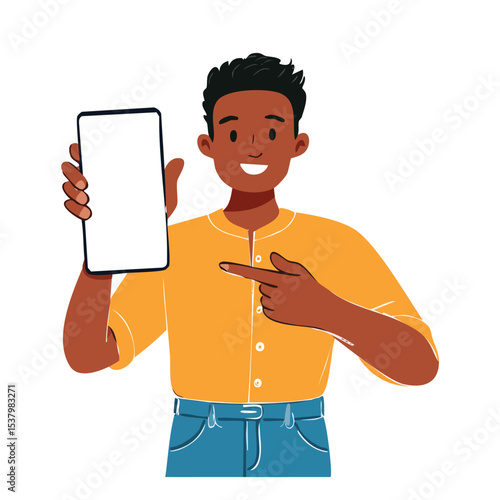 Excited Black Man Holding Large Smartphone with Blank White Screen Close to Camera – Mockup Display for App or Website Presentation

