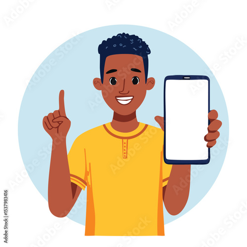Excited Black Man Holding Large Smartphone with Blank White Screen Close to Camera – Mockup Display for App or Website Presentation

