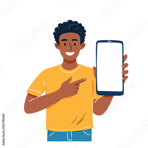 Excited Black Man Holding Large Smartphone with Blank White Screen Close to Camera – Mockup Display for App or Website Presentation

