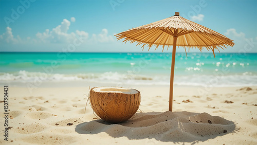 Wallpaper Mural Tropical Beach Scene with Coconut and Straw Umbrella Torontodigital.ca