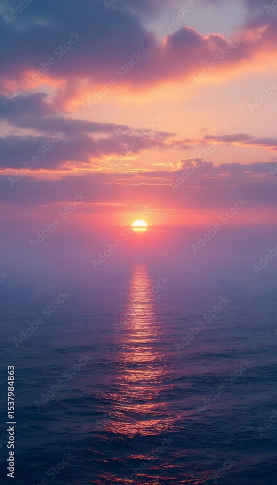 Obraz premium Sun sets over the ocean with colorful clouds in the sky