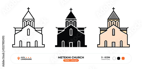 Metekhi church, Line Icon. Tbilisi, Georgia, Landmark, Silhouette, Color Vector, Editable Stroke.
