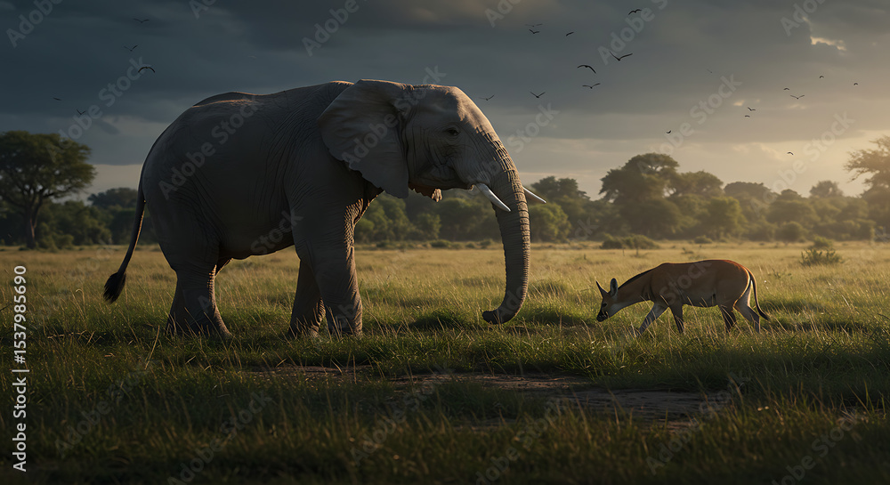 Fototapeta premium Majestic Elephant and Nyala Encounter at Sunset in African Savanna