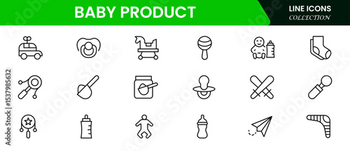 Adorable vector web line icons depicting baby products, diapers, bottles, strollers, and nurturing essentials for infant care and comfort.