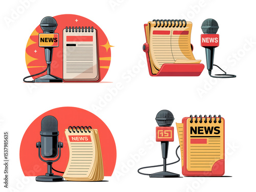 News Reporter Equipment Set – Microphone, Notepad, Journalism Tools Vector, PNG