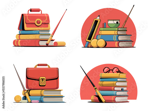 Teacher Equipment Vector – Chalk, Books, Pointer, and Classroom Teaching Tools