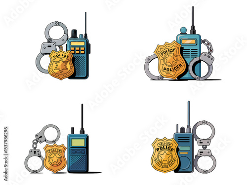 Police Officer Equipment Vector – Badge, Radio, Handcuffs, and Law Enforcement Tools
