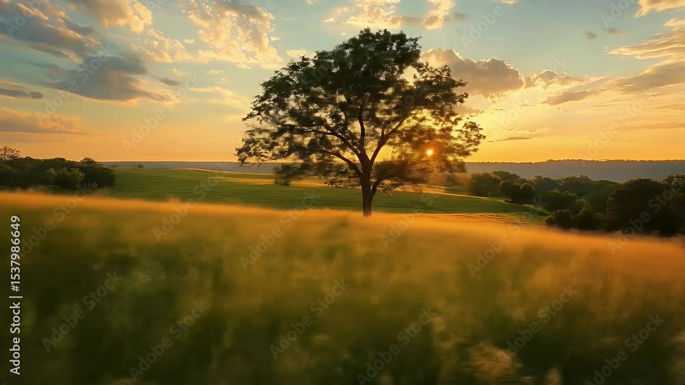 Golden Sunset Illuminates a Field with a Solitary Tree Silhouetted Against a Sky of Orange and Yellow Hues in a Pastoral Scene Golden Sunset Illuminates a Field with a Solitary Tree Silhouetted Against a Sky of Orange and Yellow Hues in a Pastoral Scene