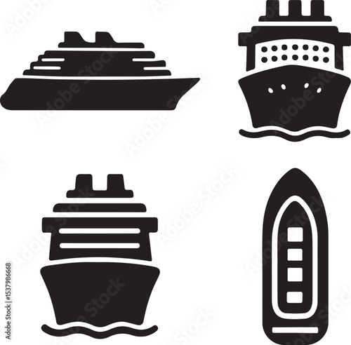 Cruise ship silhouette icons set side, front, back, and top views vector art illustration